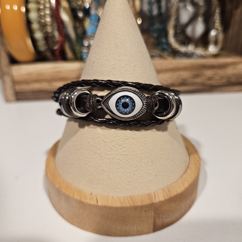 Black Brown Braided Leather Blue Eye Bracelet Funky Goth Weird
